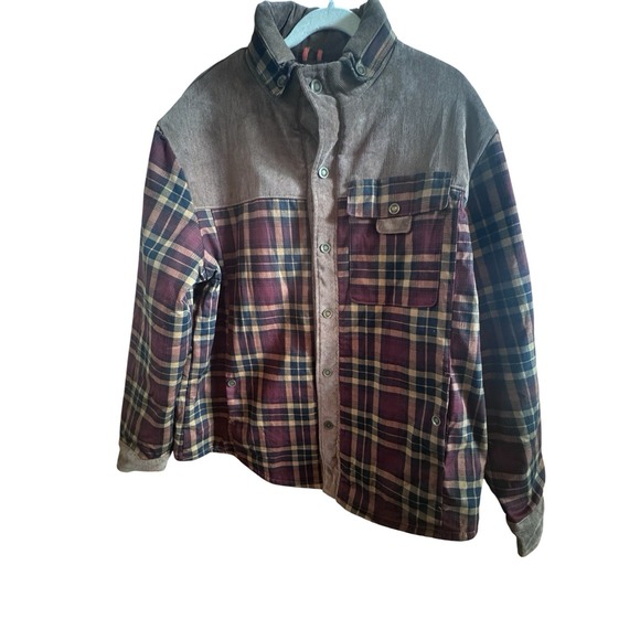 Other - Men's XL Sherpa Lined Red Tartan Plaid Jacket Brown Corduroy Yoke & Placket